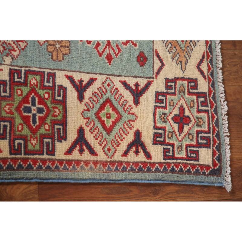 Geometric Blue Kazak Area Rug Handmade Wool Carpet - 4'11" x 5'11"