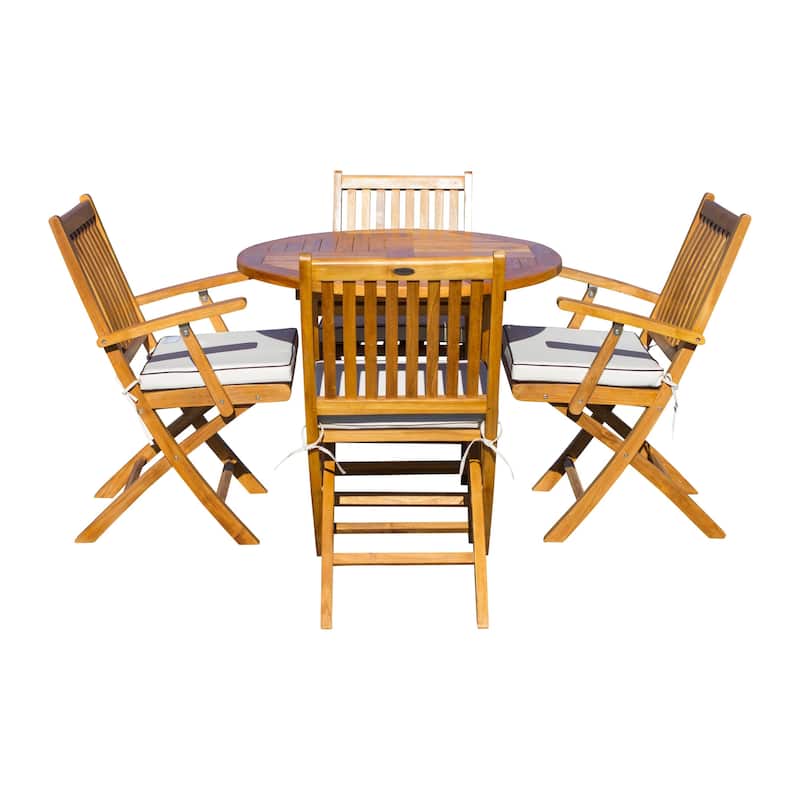 Seven Seas Teak 5 Piece Teak Wood Las Palmas Patio Dining Set, 47" Round Folding Table with 4 Folding Arm Chairs