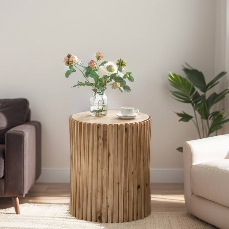 Retro Fashion Style Cylindrical Coffee Table with Vertical Texture Relief Design,Suitable for Living Room,Office,and Dining Room