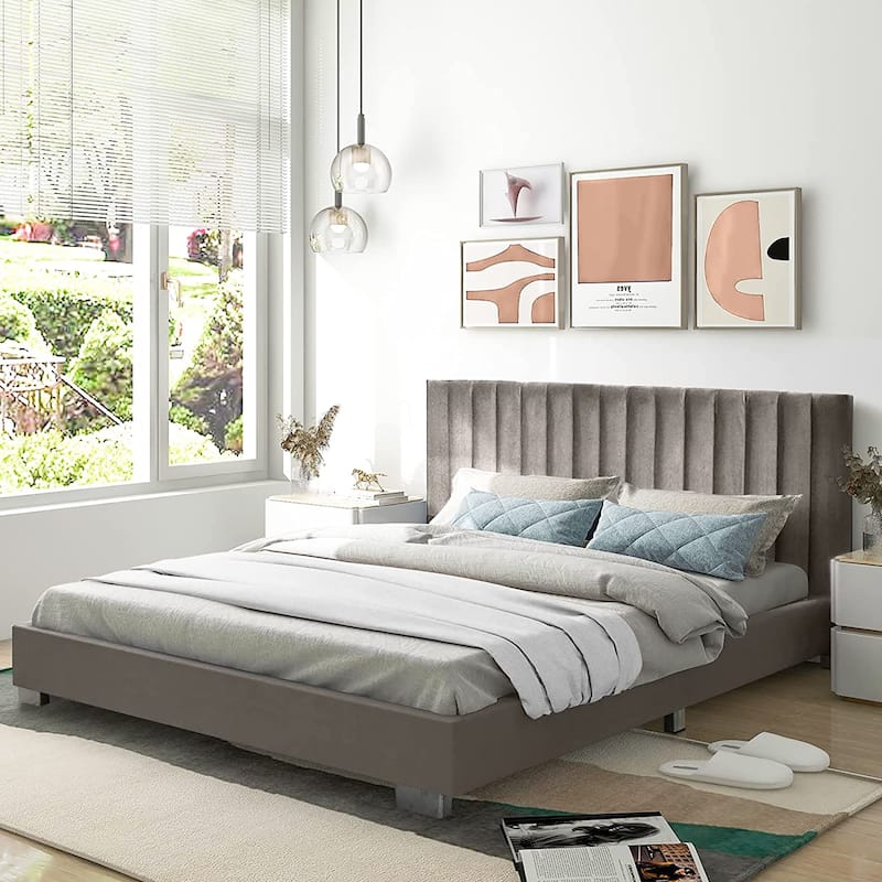 Costway Upholstered Bed Frame Full Size Modern Platform Bed with