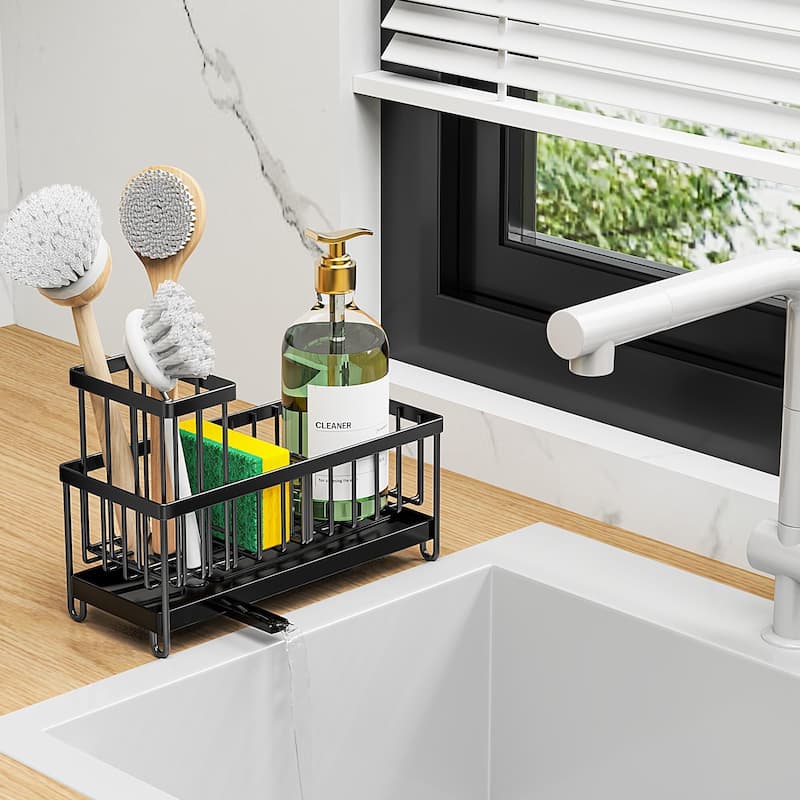 Black 304 Steel Sink Caddy w/Tall Brush & Sponge - Rustproof