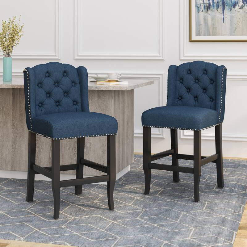 Modern Set of 2 Bar Stools with Button-Tufted Upholstered Backrest, Nailhead Trim, Solid Wood Legs for Bar Counter Dining Room