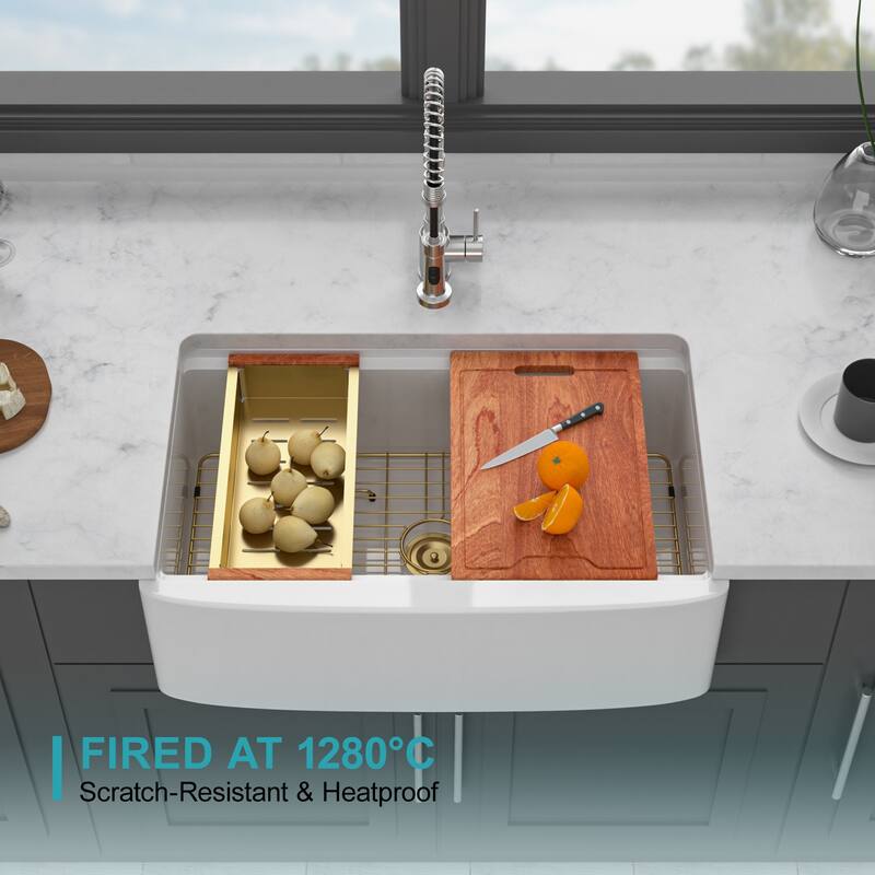 33" White Farmhouse Kitchen Sink Workstation - 33 x 21 x 10 inch White Porcelain Ceramic Sngle Bowl Kitchen Sink