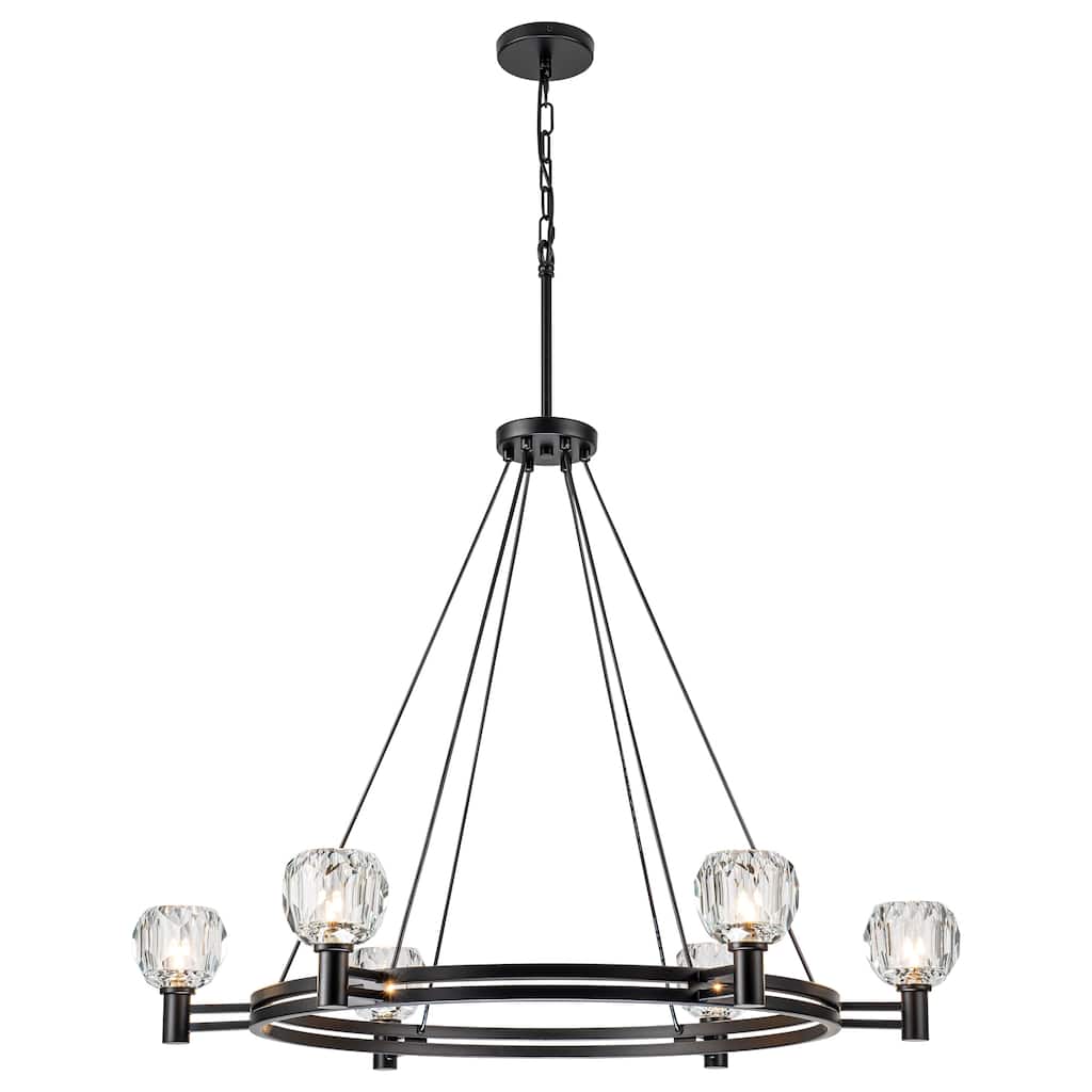 Black Farmhouse Modern Rustic Wagon Wheel Crystal Chandelier - 35.83 in. W x 27.17 in. H x 35.83 in. D