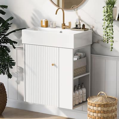 21.6" White Floating Bathroom Vanity - Space-Saving Wall-Mounted Sink Cabinet with Side Storage & Soft-Close Door