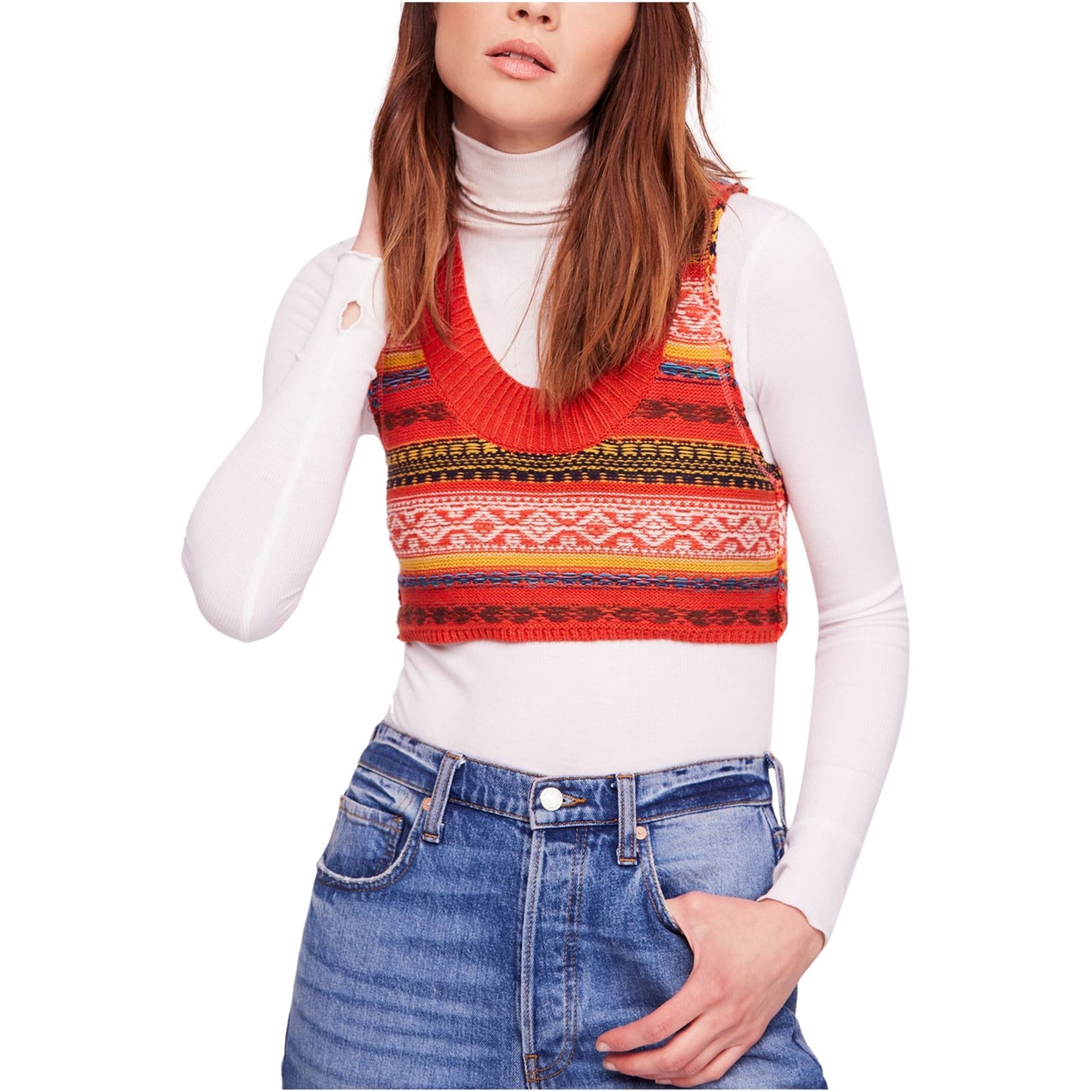 red cropped sweater vest