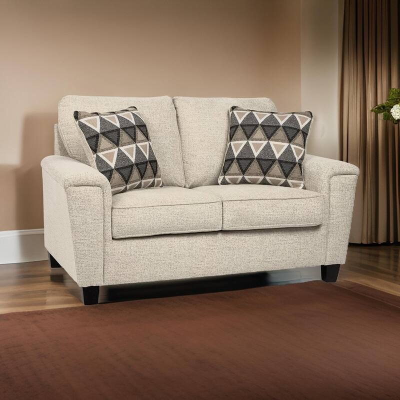 Abin 61 Inch Loveseat, 2 Throw Pillows, Modern Cream Chenille Polyester