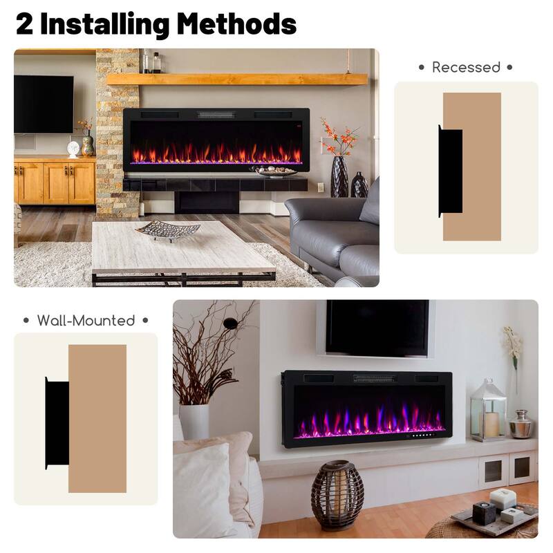 Costway 40"/50"/60" Linear Electric Fireplace 1500W Recessed