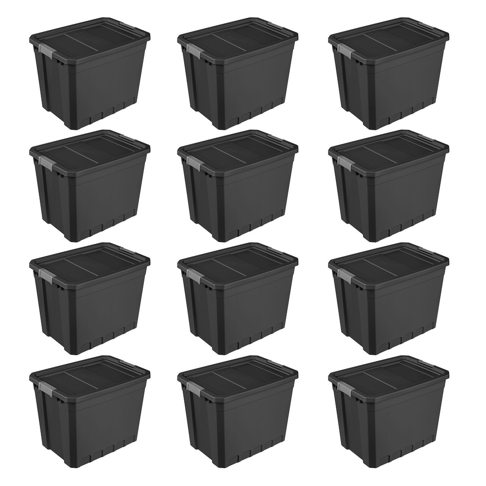Sterilite 12 Gal Hinged Lid Industrial Tote, Stackable Storage Bin with  Hinge Lid, Plastic Container to Organize Basement, Black with Red Lid,  6-Pack