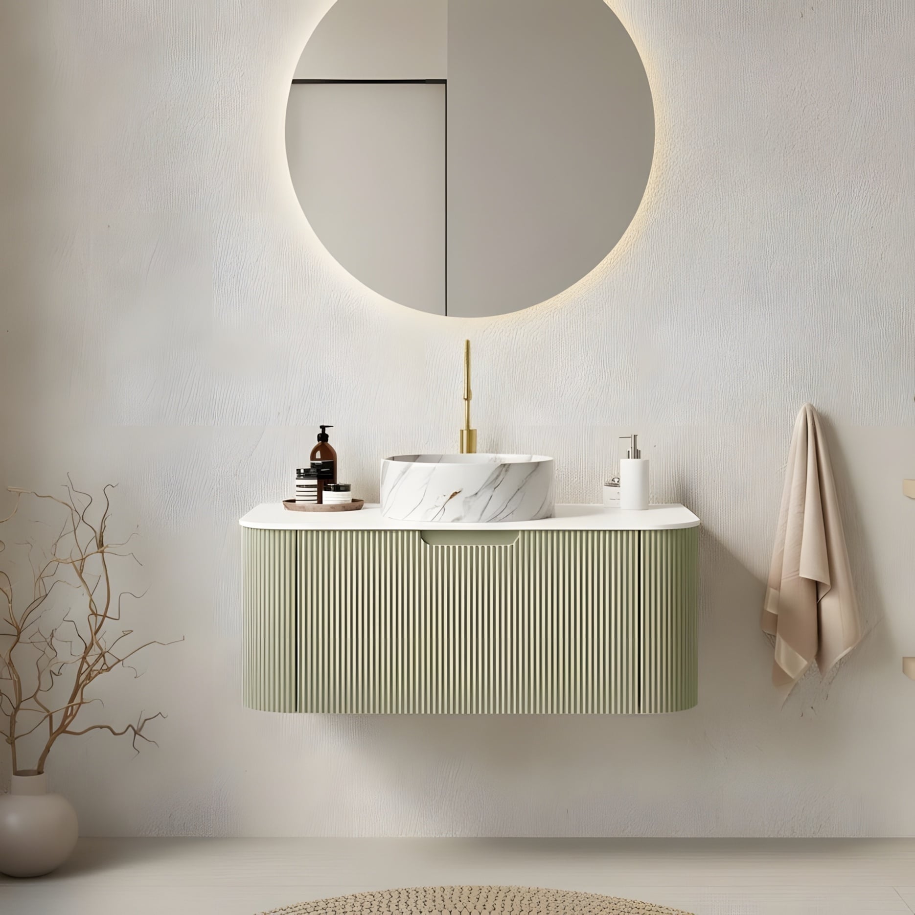 Floating Bathroom with Round Ceramic Basin and Storage Drawer