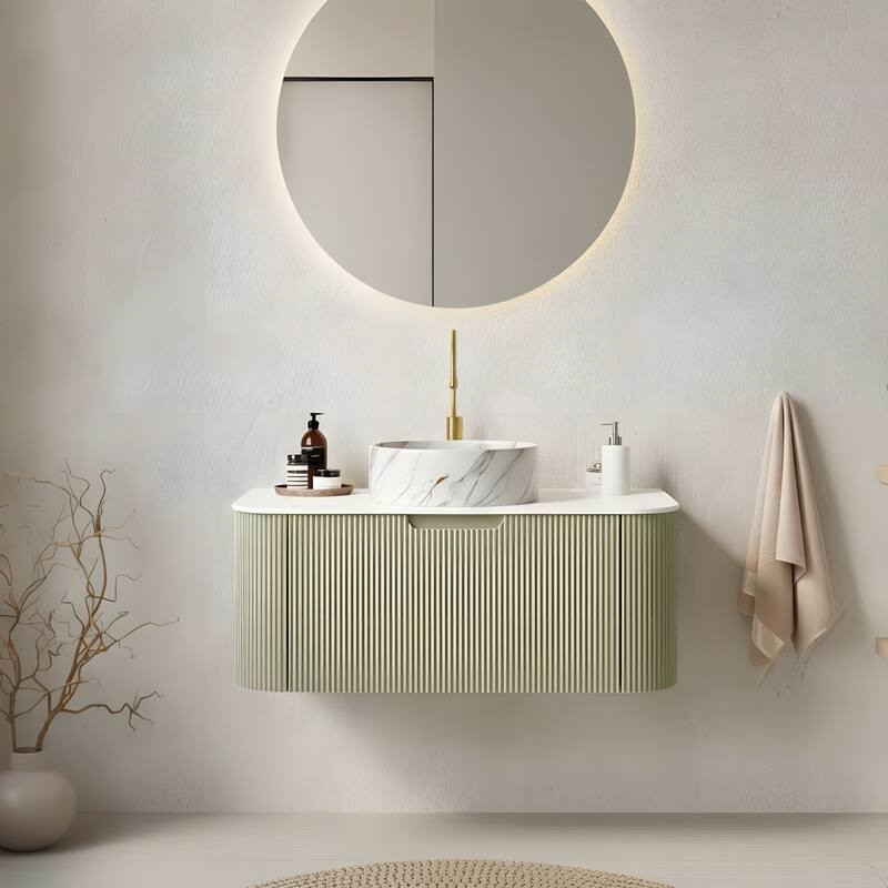 Floating Bathroom with Round Ceramic Basin and Storage Drawer - 36 - Light Green