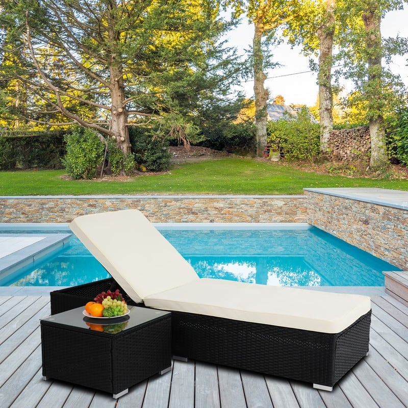 Patio PE Wicker Cushioned Single Chaise Lounge with Table