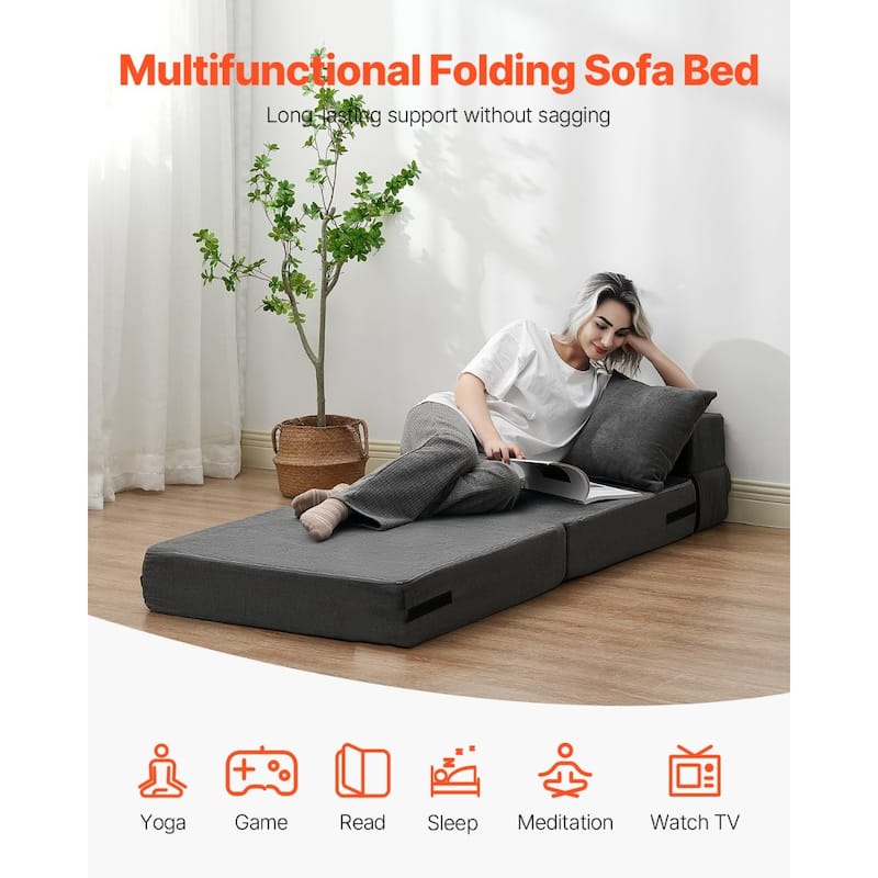Dark Grey Single Foam Fabric Foldable Sofa Bed with Pillows and Washable Cover - 73.23” L x 28.74” W x 5.91” H