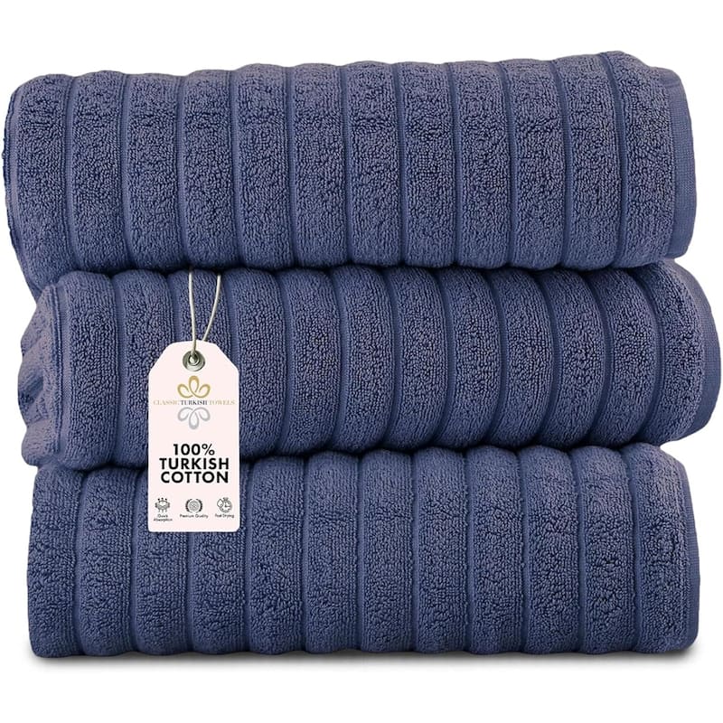 Classic Turkish Towels 100% Turkish Cotton Bath Sheets Plush Ribbed 3 Piece 40x65" - 40x65 - Royal Blue
