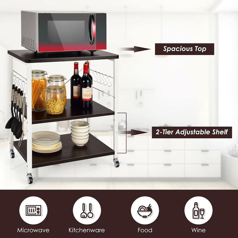3-Tier Kitchen Baker's Rack Microwave Oven Storage Cart with Hooks - 23.5" x 16" x 29" (L x W x H)