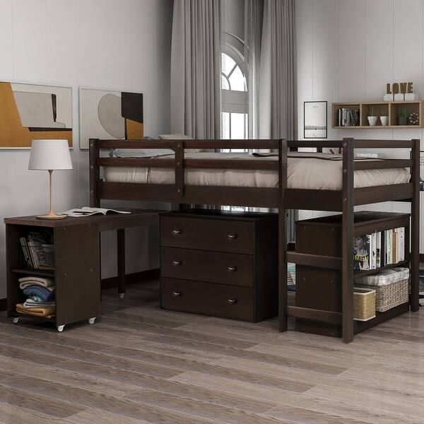 slide 2 of 18, Elegant Design Low Study Twin Size Loft Bed with Cabinet & Rolling Desk Espresso