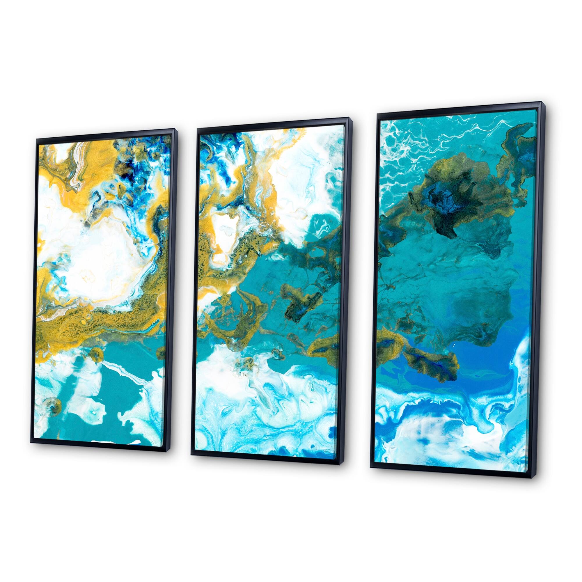 Designart "Blue And White Liquid Art Waves IIII" Modern Framed Artwork