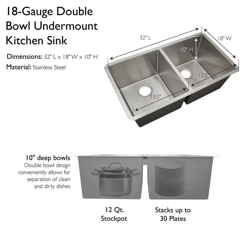Design House 32" Undermount Double Basin Stainless Steel Kitchen Sink