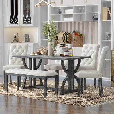 6-Piece Retro Dining Room Set for 6, Rectangular Dining Table with Unique Legs 4 Upholstered Chairs & Bench for Kitchen & Dining