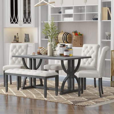 Gray Wash 6-Piece Wooden Dining Table Set with 4 Tufted Chairs & Bench