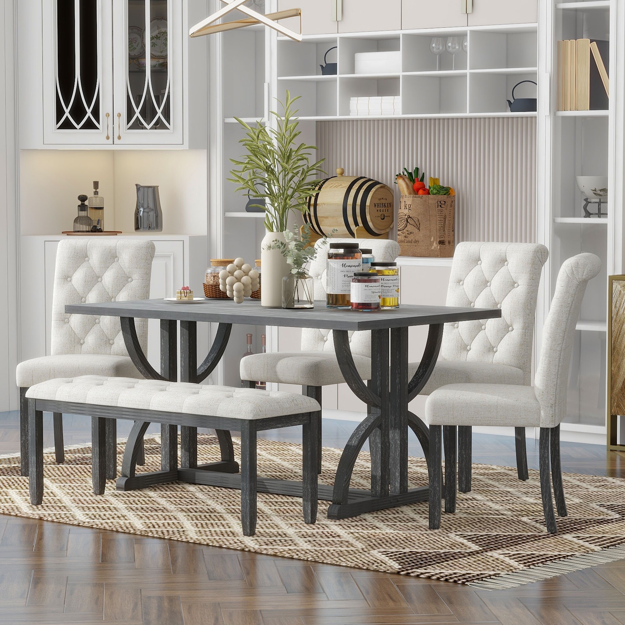 6 Piece Retro Dining Table Set Wood Minimalist Rectangular Dining Table and 4 Upholstered Chairs 1 Bench with a Shelf Bed Bath Beyond 40585025