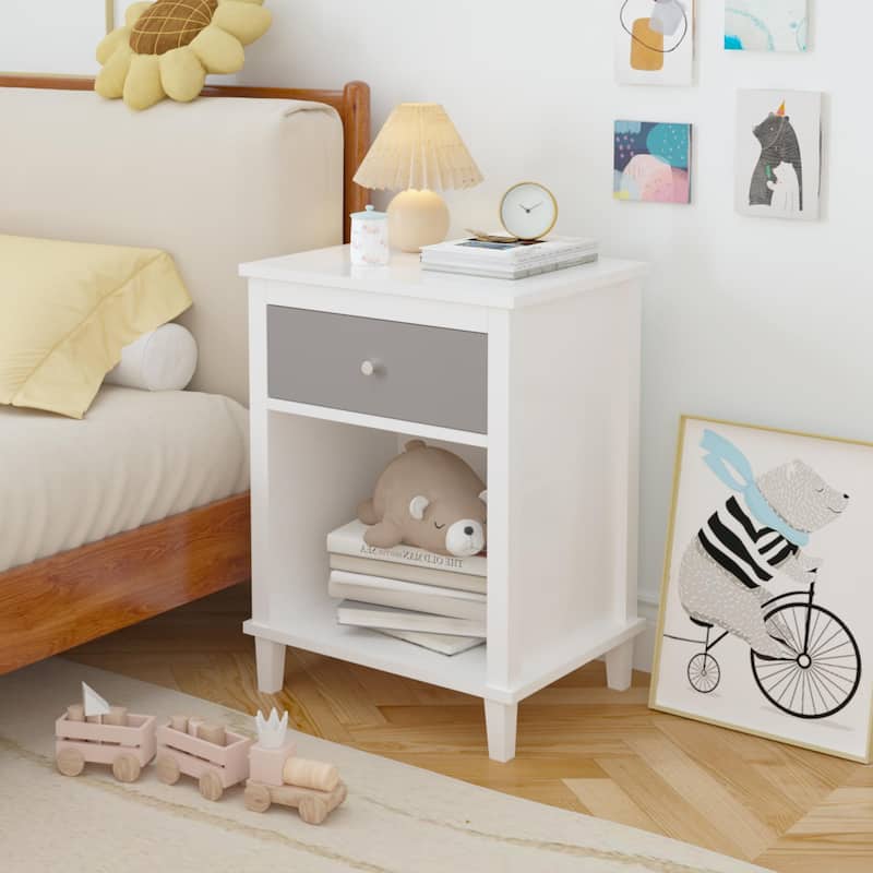 26.77"H Wooden Nightstand with One Drawer One Shelf for Kids, Adults, Gray+Silver Handle