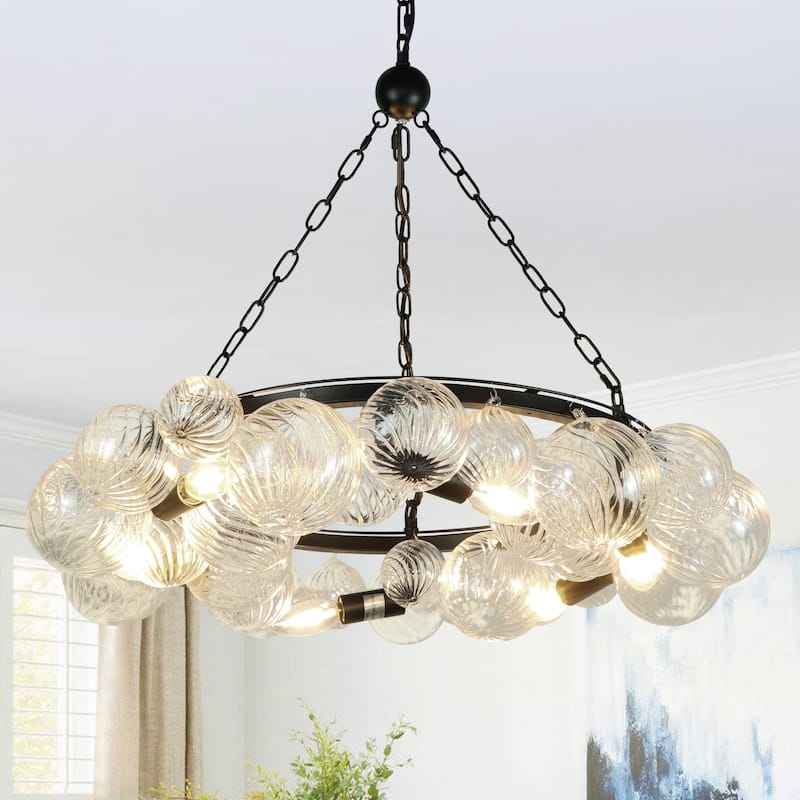 6-Light Metal Chandelier with Glass Shade - N/A - Black