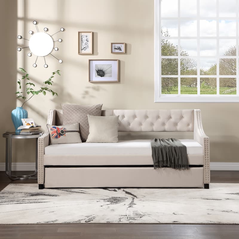 Daybed with Trundle Upholstered Tufted Sofa Bed