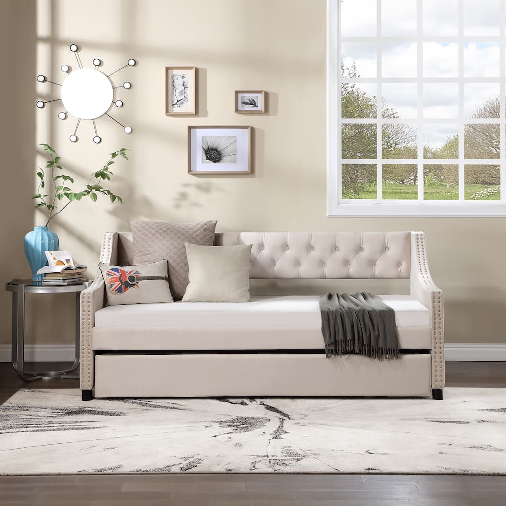 Daybed with Trundle Upholstered Tufted Sofa Bed