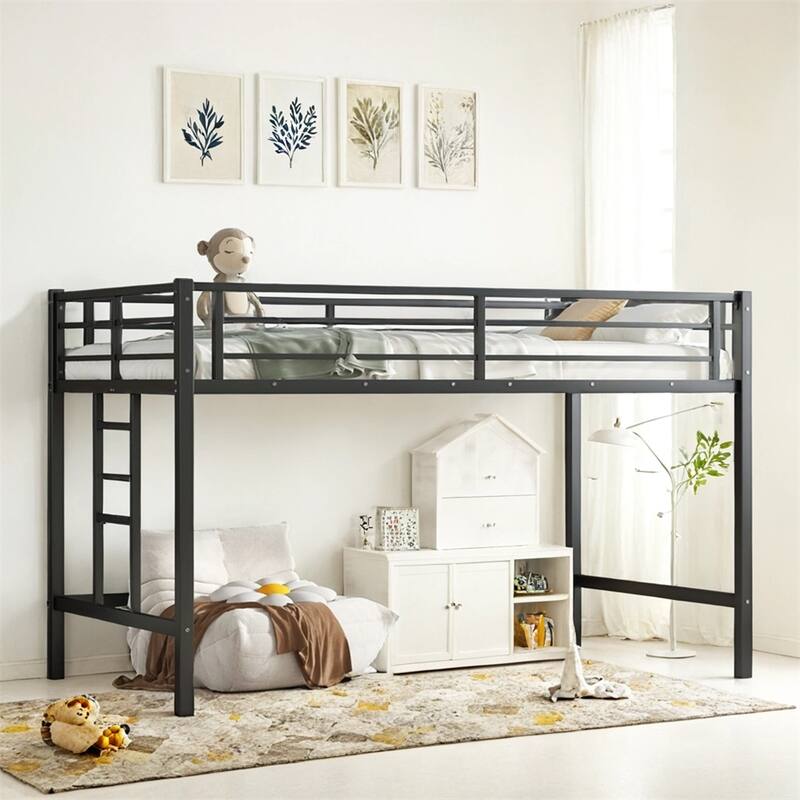 Twin Size Metal Loft Bed,Loft Bed w/Easy Climbing Ladder & Guardrails