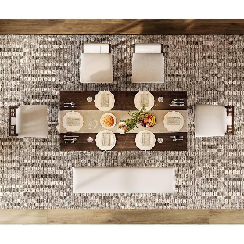 6-pieces Farmhouse Dining Table for 6, 74.8" Kitchen Table Set with 4 Chairs and Bench, Solid Wood Legs and Cushion Seat