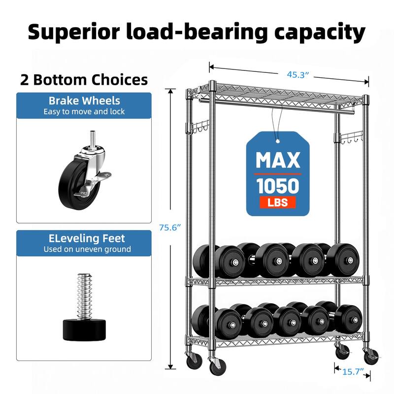 Heavy Duty Rolling Garment Rack 3 Tiers Adjustable Wire Shelving Clothes Rack with 1 Rods and Side Hooks