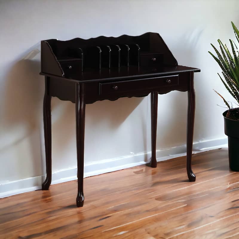 18" Dark Brown Solid Wood Desk with Storage Drawers Space-Saving Rectangular Office Worktable
