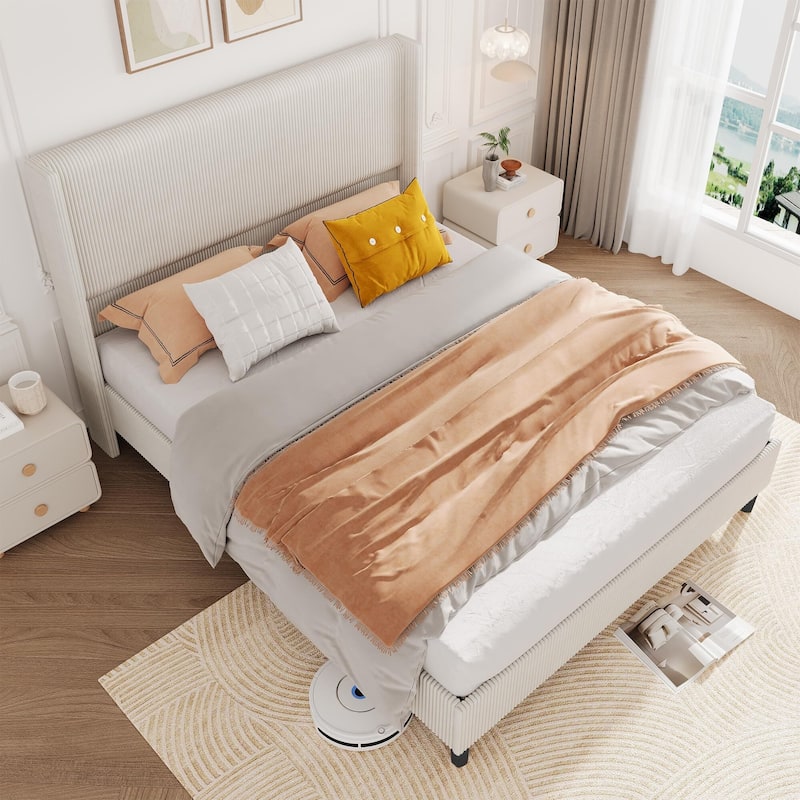 Upholstered Corduroy Bed Frame, Bed Frame with Wingback Headboard - Off-White - King