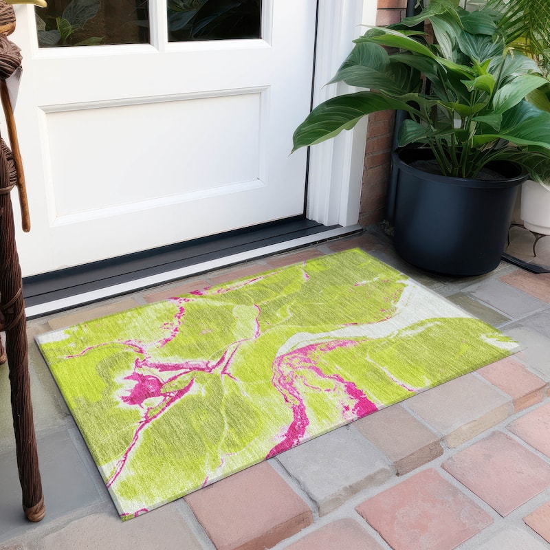 Machine Washable Indoor/ Outdoor Modern Abstract Chantille Rug - Lime - 1'8" x 2'6"