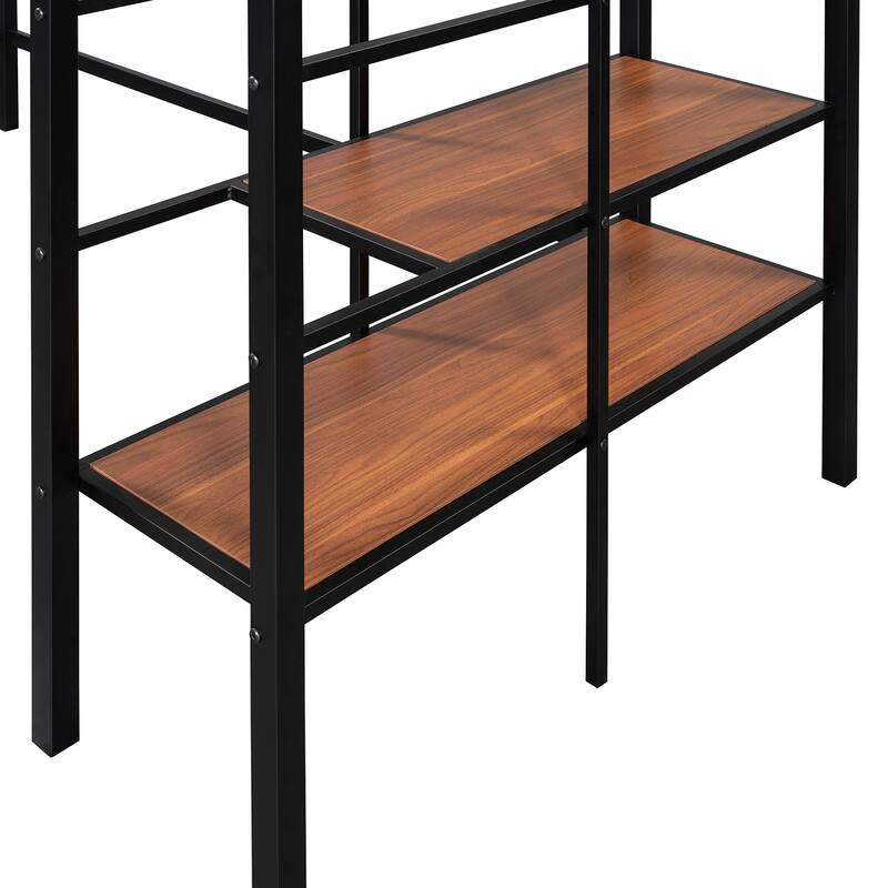 Twin Size Metal Loft Bed with Upper Grid Storage Shelf and Lateral Storage Ladder