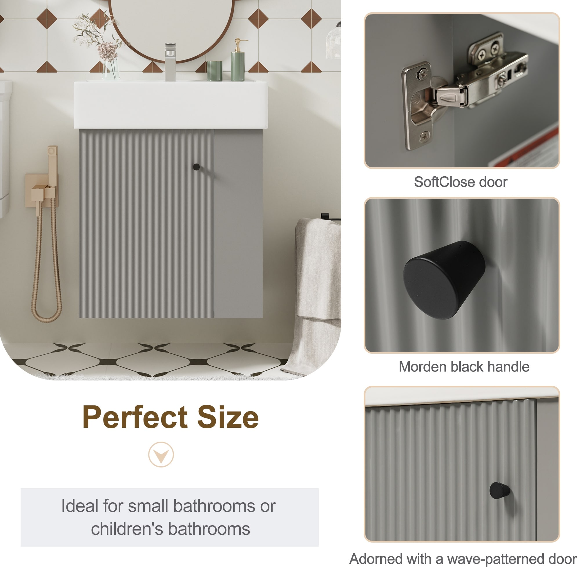 21.6" Floating Bathroom Vanity with Ceramic Basin,Right side storage