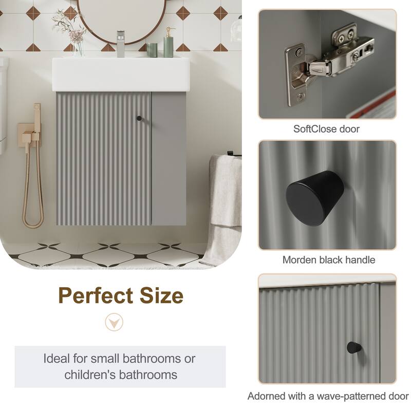 21.6" Floating Bathroom Vanity with Ceramic Basin - Right-Side Storage, Space-Saving for Small Bathrooms