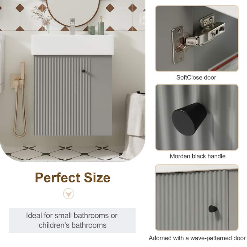 Roomfitters Modern 21.6" Floating Bathroom Vanity with Ceramic Sink, Soft-Close Door and Open Side Storage