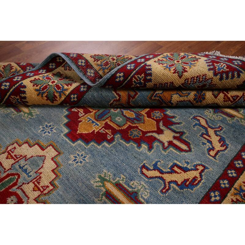 Light Blue Kazak Oriental Area Rug Handmade Geometric Wool Carpet - 3'11" x 5'10"