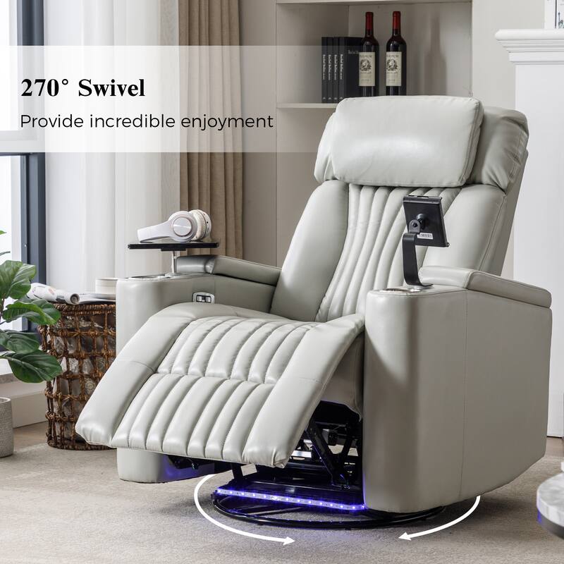 270° Power Swivel Recliner,Home Theater Seating With Hidden Arm Storage and LED Light Strip,Cup Holder