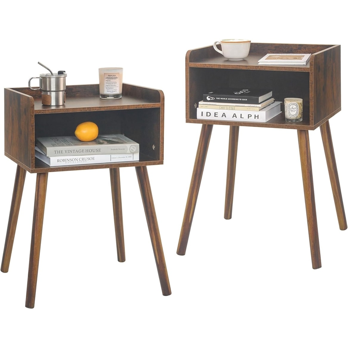 Mid Century Modern Night Stand Set of 2 with Storage, Solid Wood Legs for Bedroom, Living Room, Office - Rustic Brown