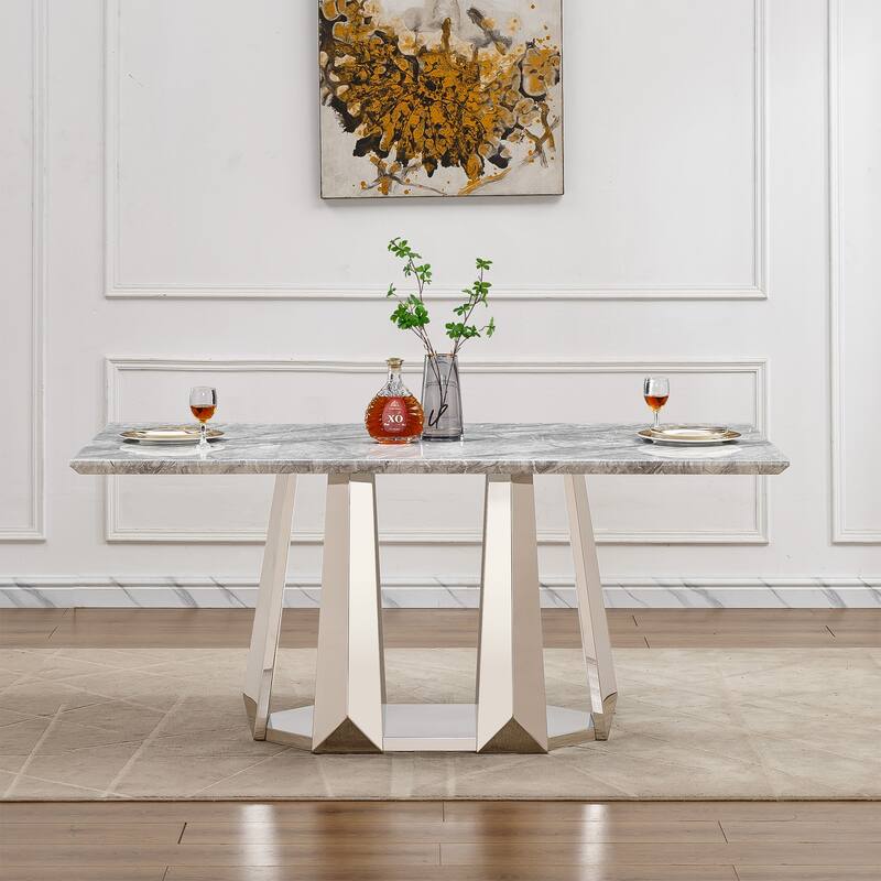 70'' Rectangle Faux Marble Dining Table with Mirrored Finish Stainless Steel Base - Silver+Grey