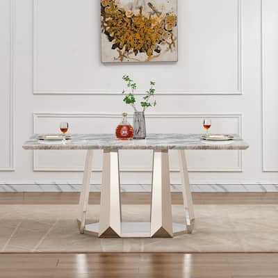 70'' Rectangle Faux Marble Dining Table with Mirrored Finish Stainless Steel Base - Silver+Grey