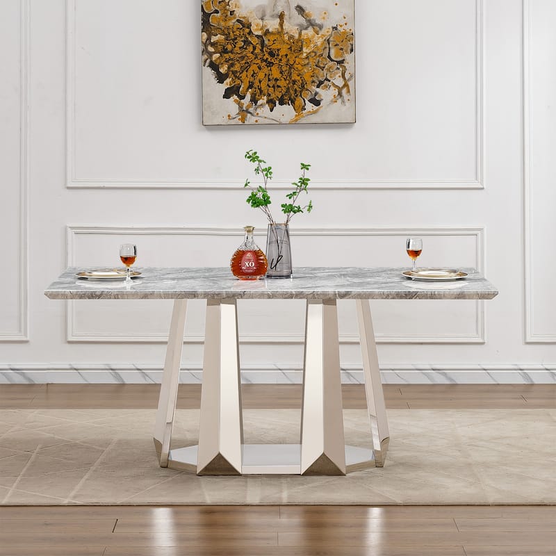 GDFStudio - Rose Series 70'' Rectangle Faux Marble Dining Table 6 People with Modern Large Size - Silver+Grey