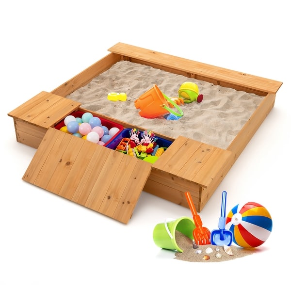slide 2 of 10, Costway Kids Wooden Sandbox w/ Bench Seats & Storage Boxes Children - See Details Natural - See Details