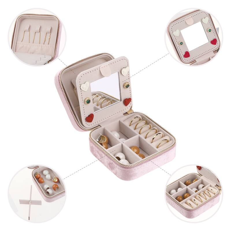 Travel Jewelry Box with Mirror for Birthday Gifts, Small Portable Plush Velvet Jewelry Organizer Case Storage Display Holder