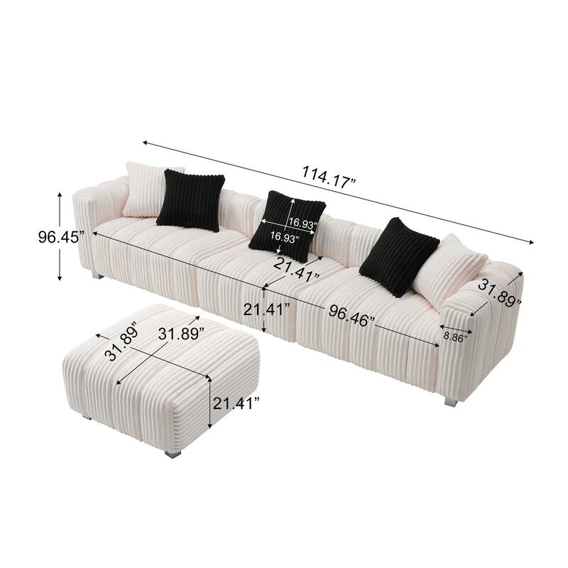 114.17" Corduroy 3-Seater Sofa with Ottoman, Solid Wood Frame and High-Density Foam Cushions