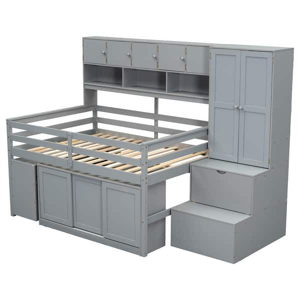 slide 2 of 14, Multi-Functional Full Size Wood Loft Bed with Under-Bed Desk,Drawers and Shelves Gray
