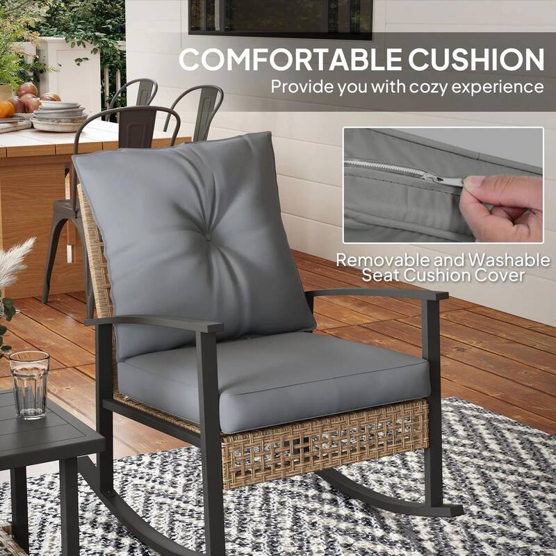 3-Piece Wicker Set, Rocking Chairs with Tufted Cushions,Coffee Table